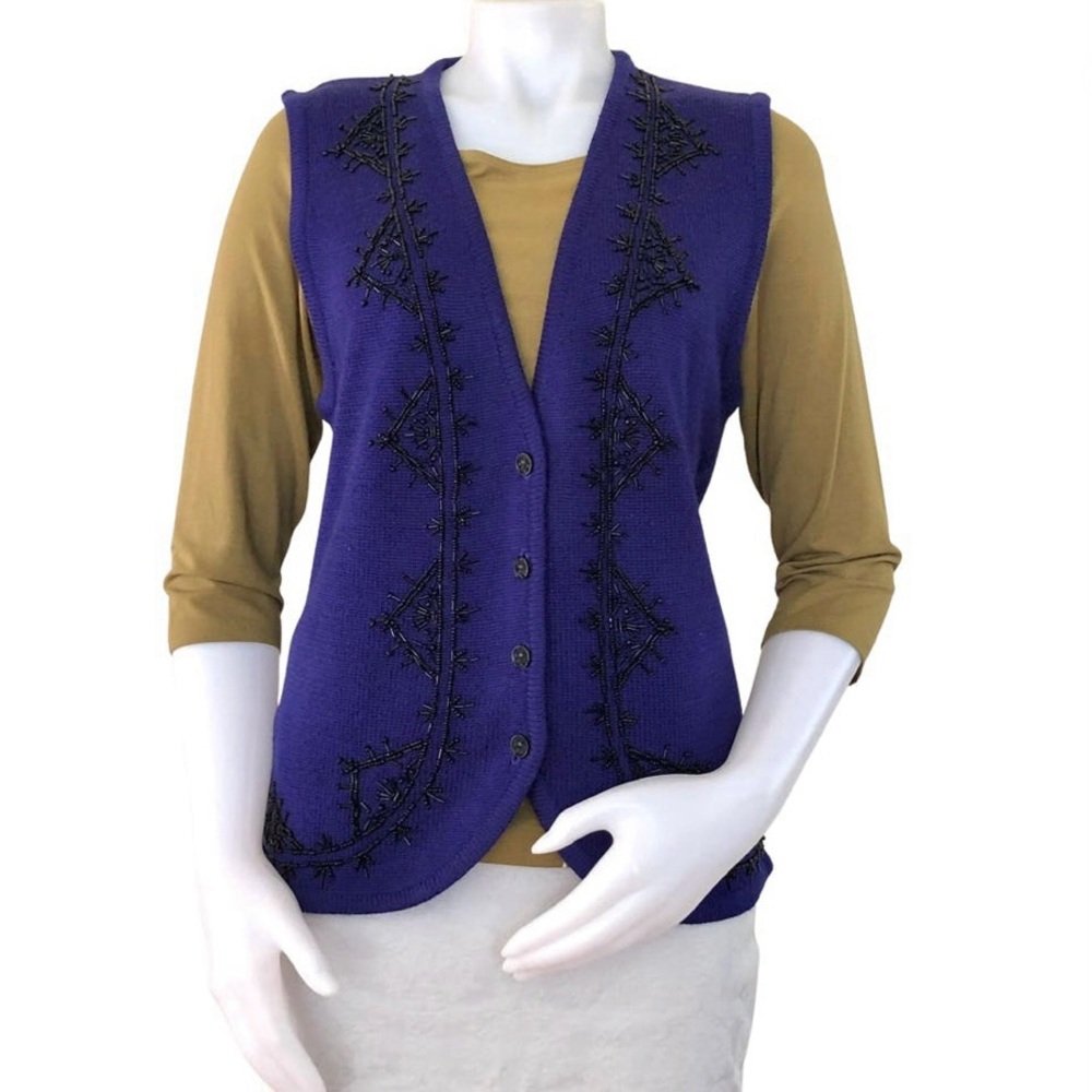 Vintage dark purple black beaded knit sweater vest